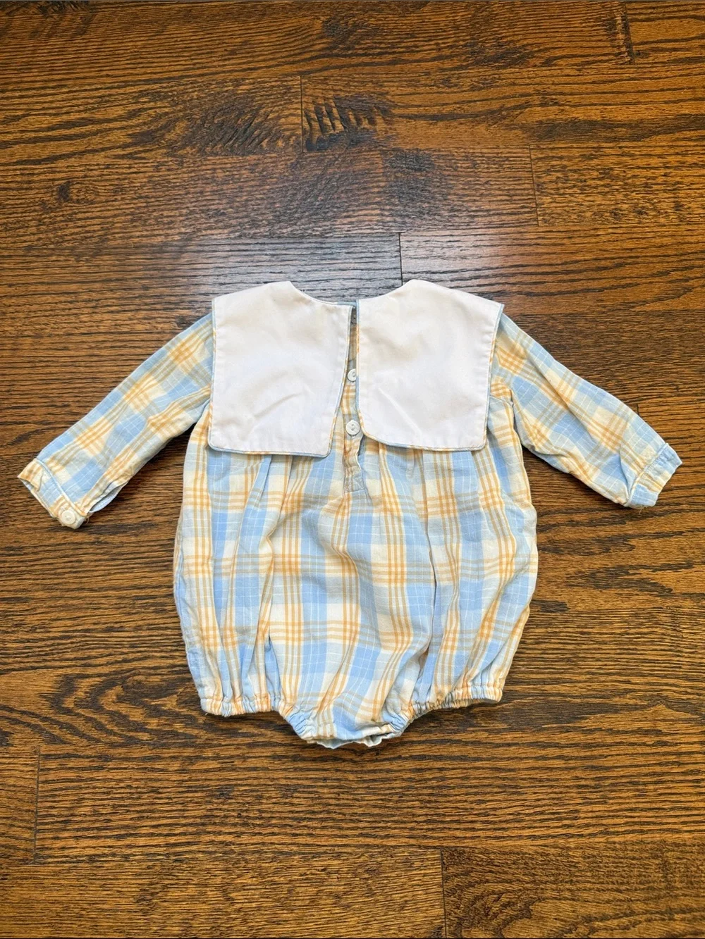 Plaid Blue & Orange Pumpkin-Embroidered Baby One-Piece
